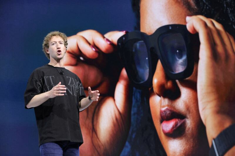 Meta CEO Mark Zuckerberg presents Orion AR glasses at the Meta Connect annual event at the company's headquarters in Menlo Park, California, on September 25 2024. Picture: REUTERS/MANUEL ORBEGOZO/FILE